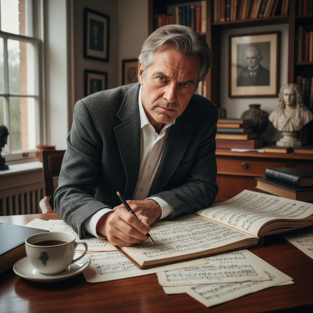 Samba composer in a warm-lit studio environment surrounded by musical instruments