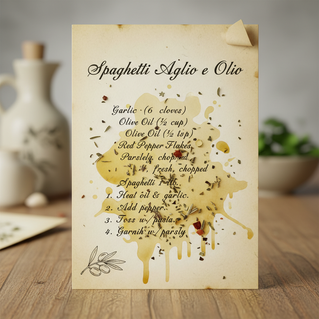 Handwritten recipe card stained with olive oil and herbs