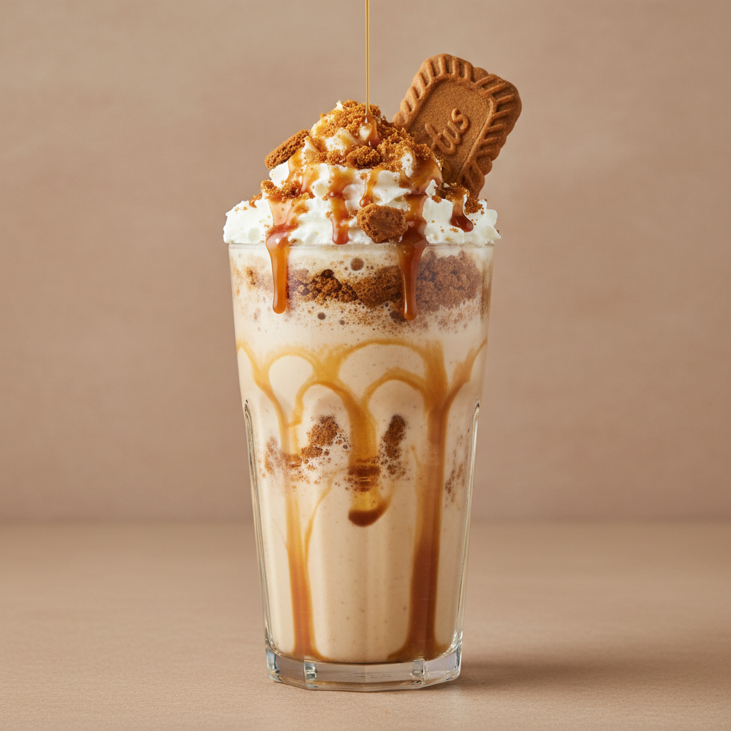 Biscoff Thickshake — Lotus Biscoff cookie butter shake, warm food photography with rich colours