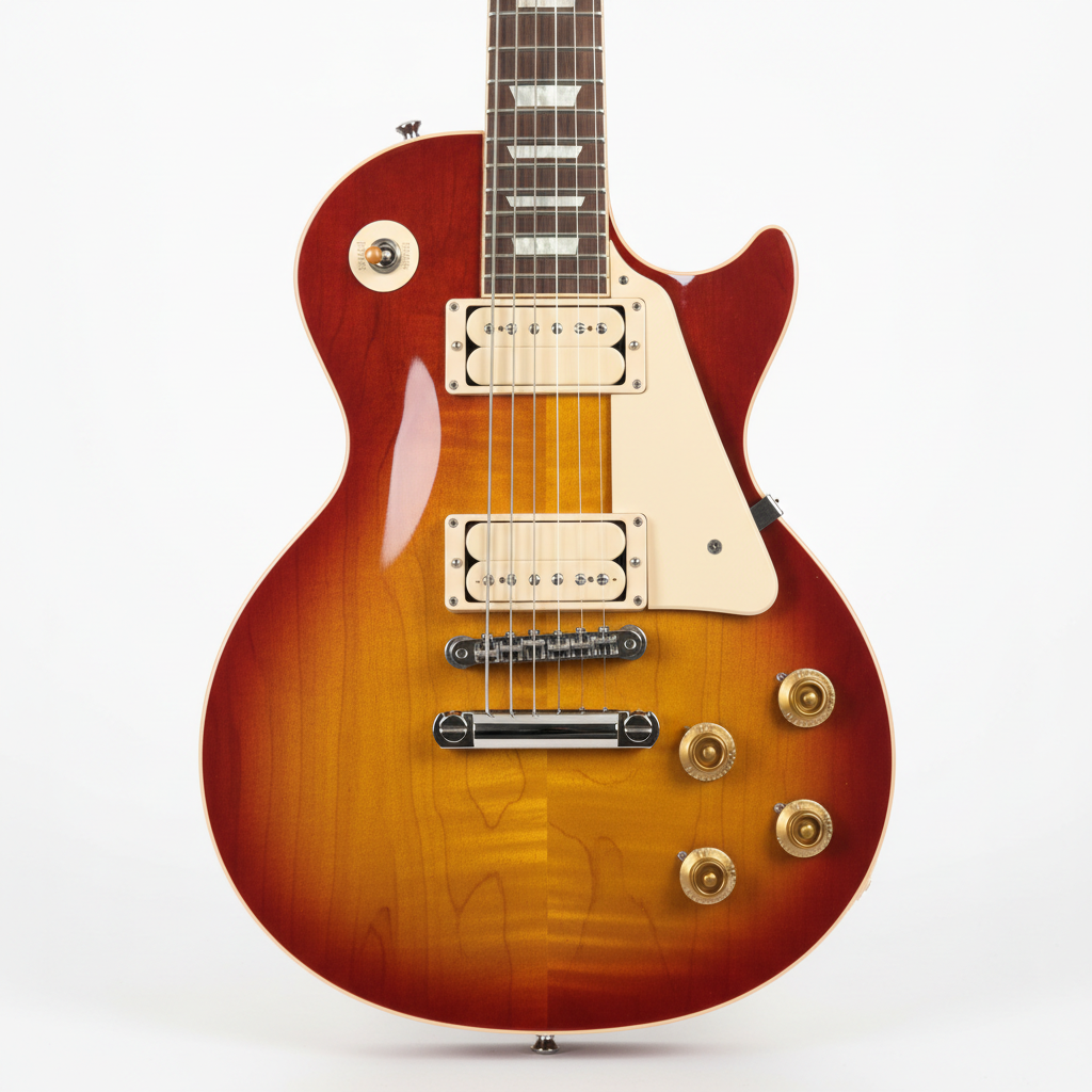Gibson Les Paul Standard guitar in sunburst finish on stand