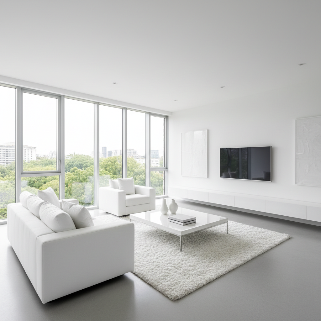 Bright clean living room with polished floors and spotless white furniture, warm natural lighting