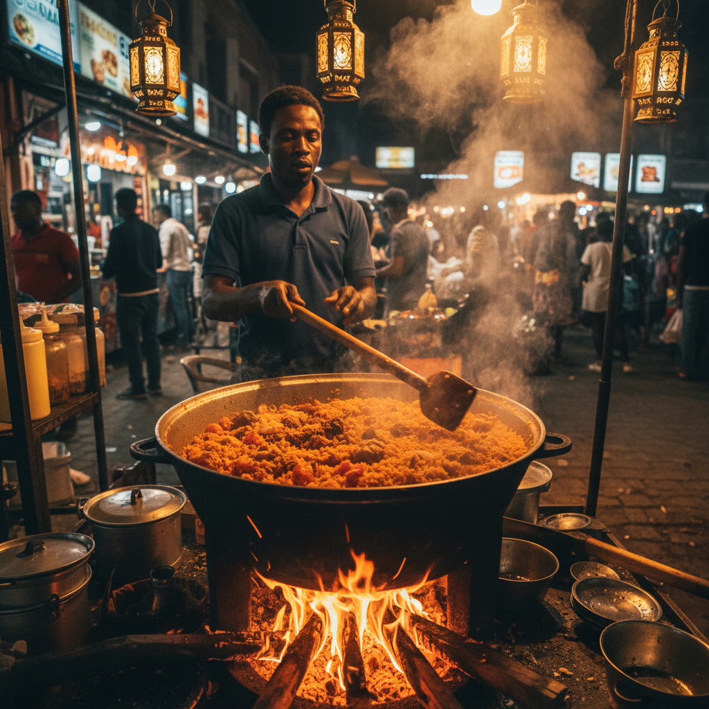Colourful array of Nigerian street food being prepared at a busy outdoor food stall, warm evening light, vibrant atmosphere