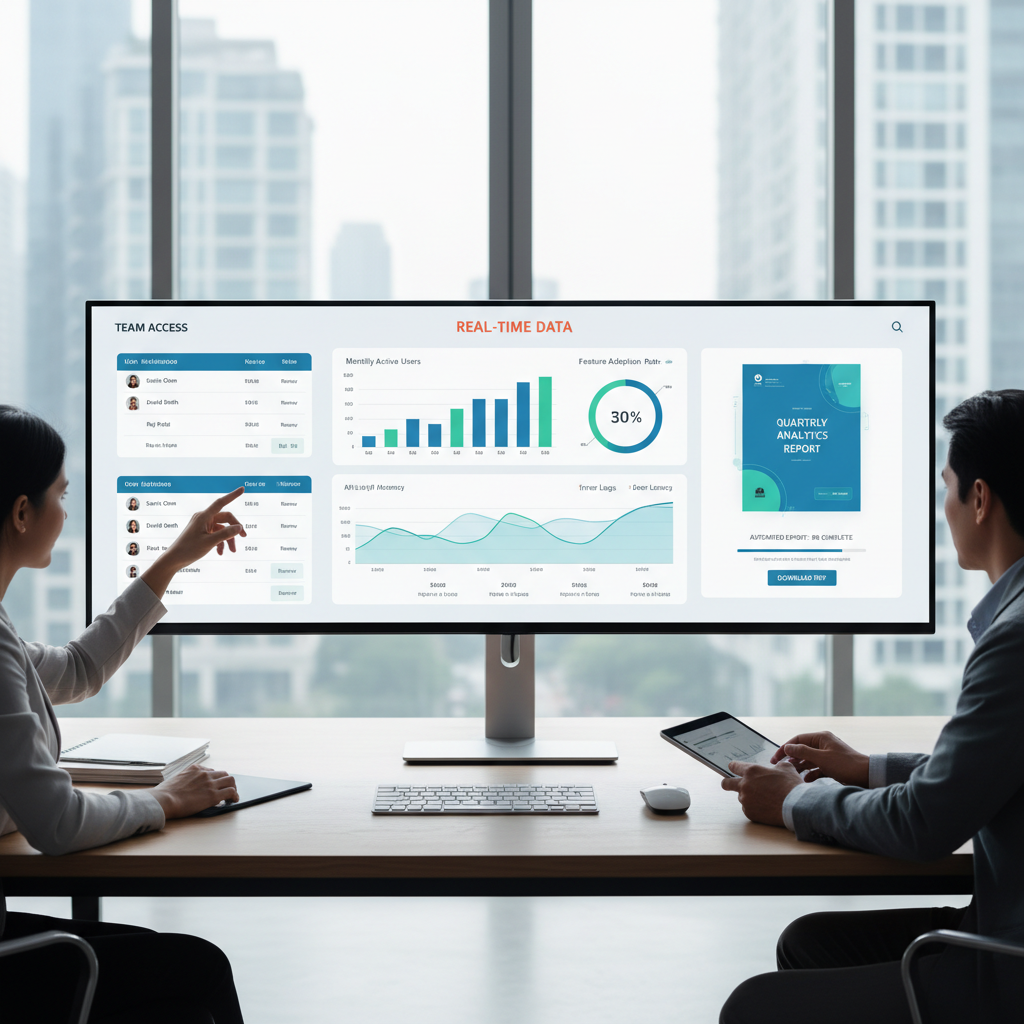 Business data analytics dashboard on bright modern monitor, professional office setting, clean workspace with natural light