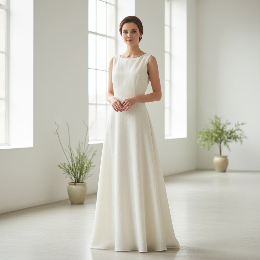Woman in ivory white lace column dress, formal occasion wear, minimalist background