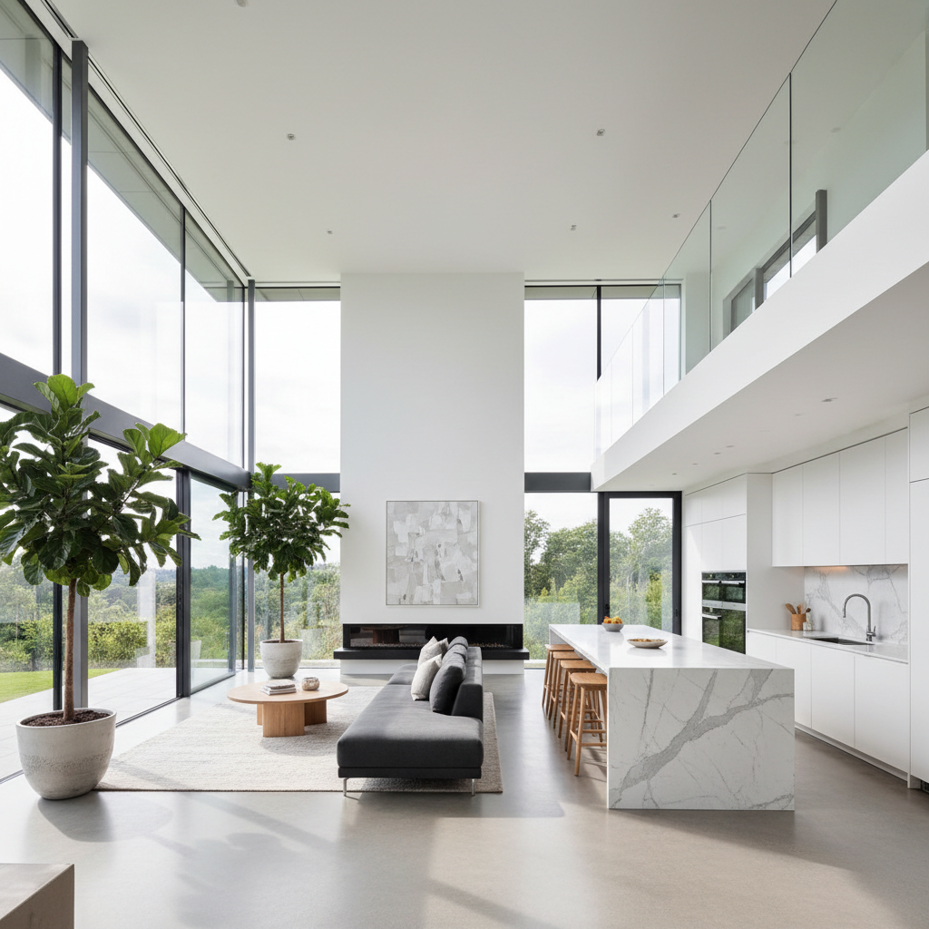 Modern home addition with open great room, high ceilings, and floor-to-ceiling windows