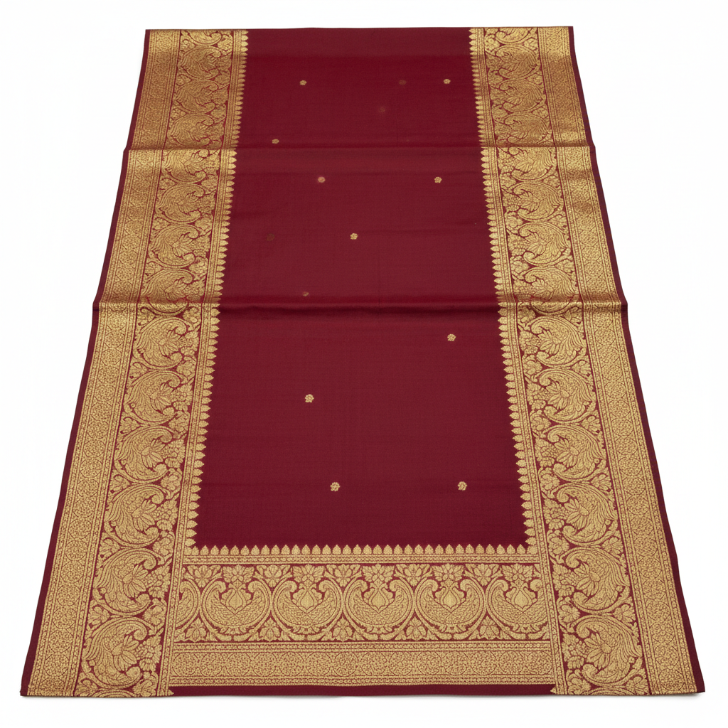 Red Kanchipuram bridal silk saree folded neatly, dark background