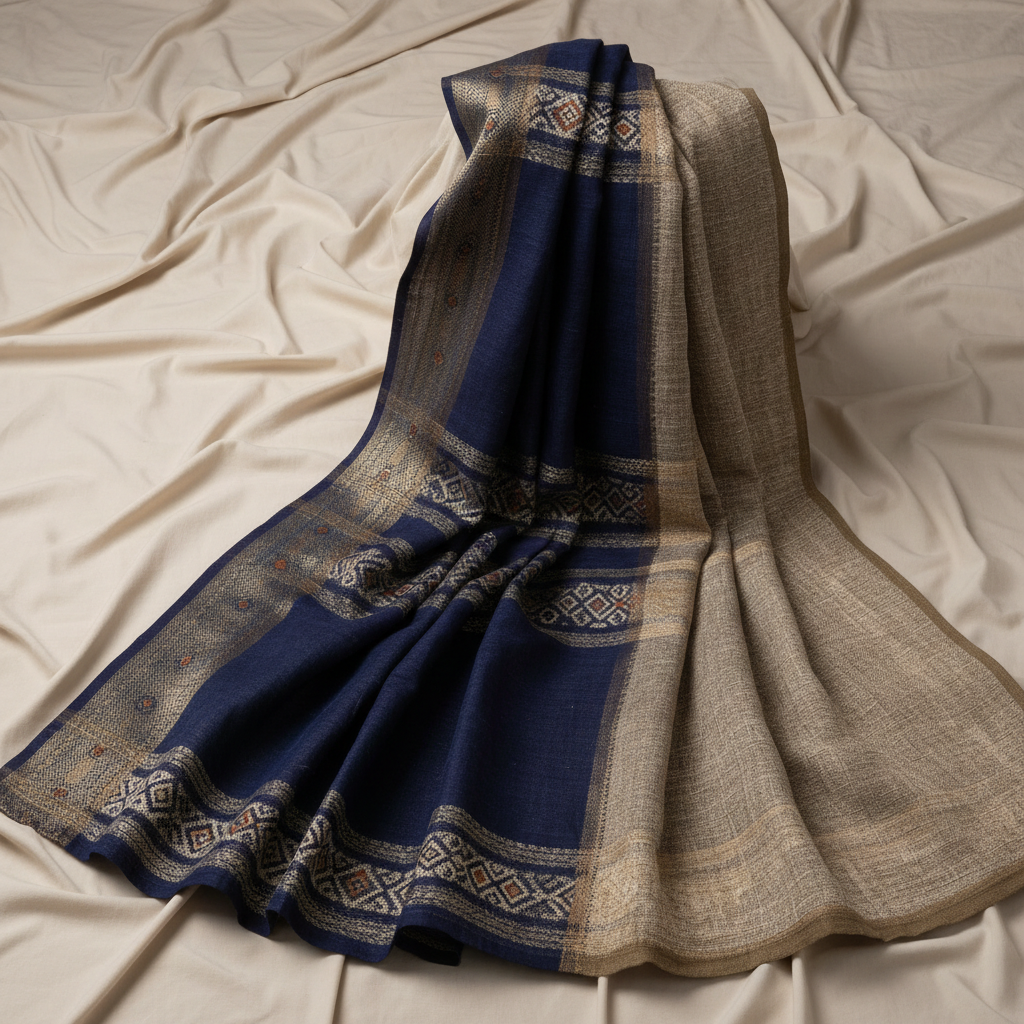 Natural beige handwoven linen saree with minimal border, clean background
