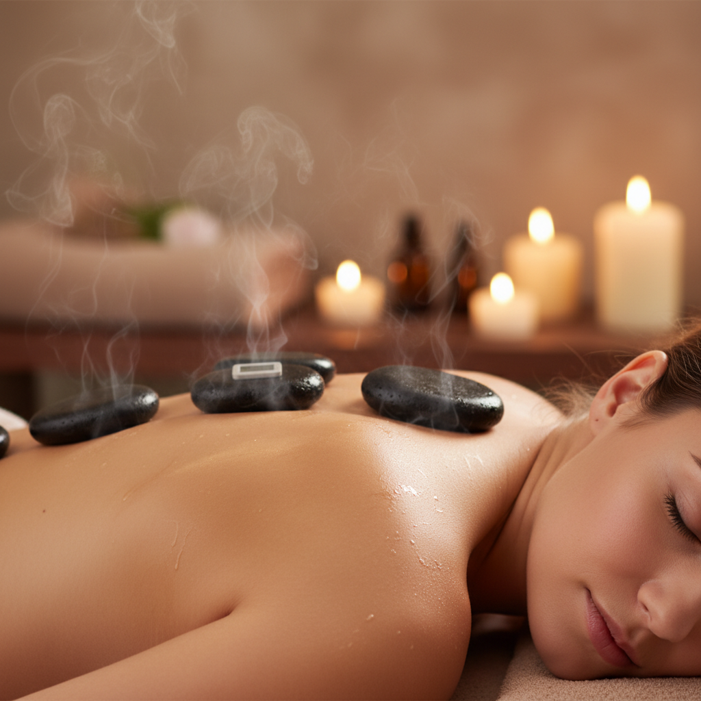 Hot stone massage therapy with volcanic stones