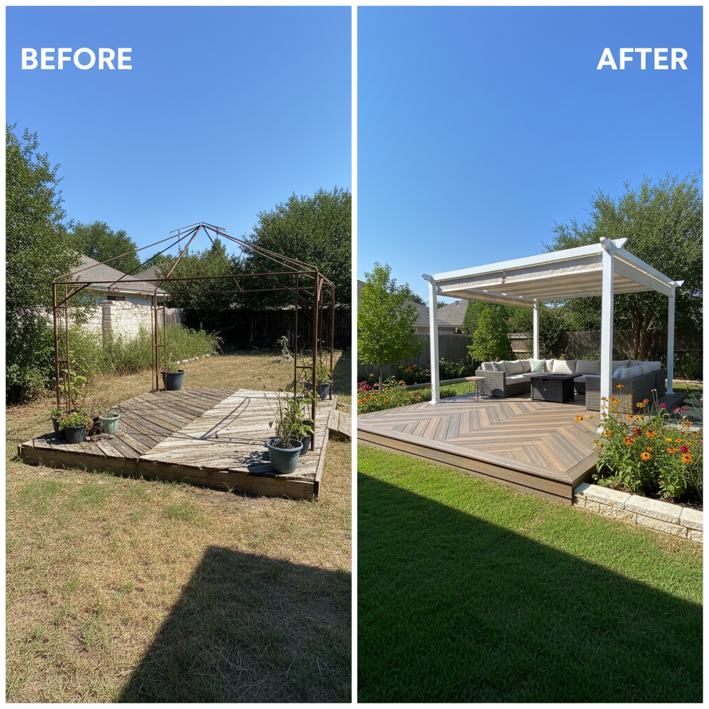 Before and after backyard transformation with new composite deck boards and pergola in suburban Texas neighborhood