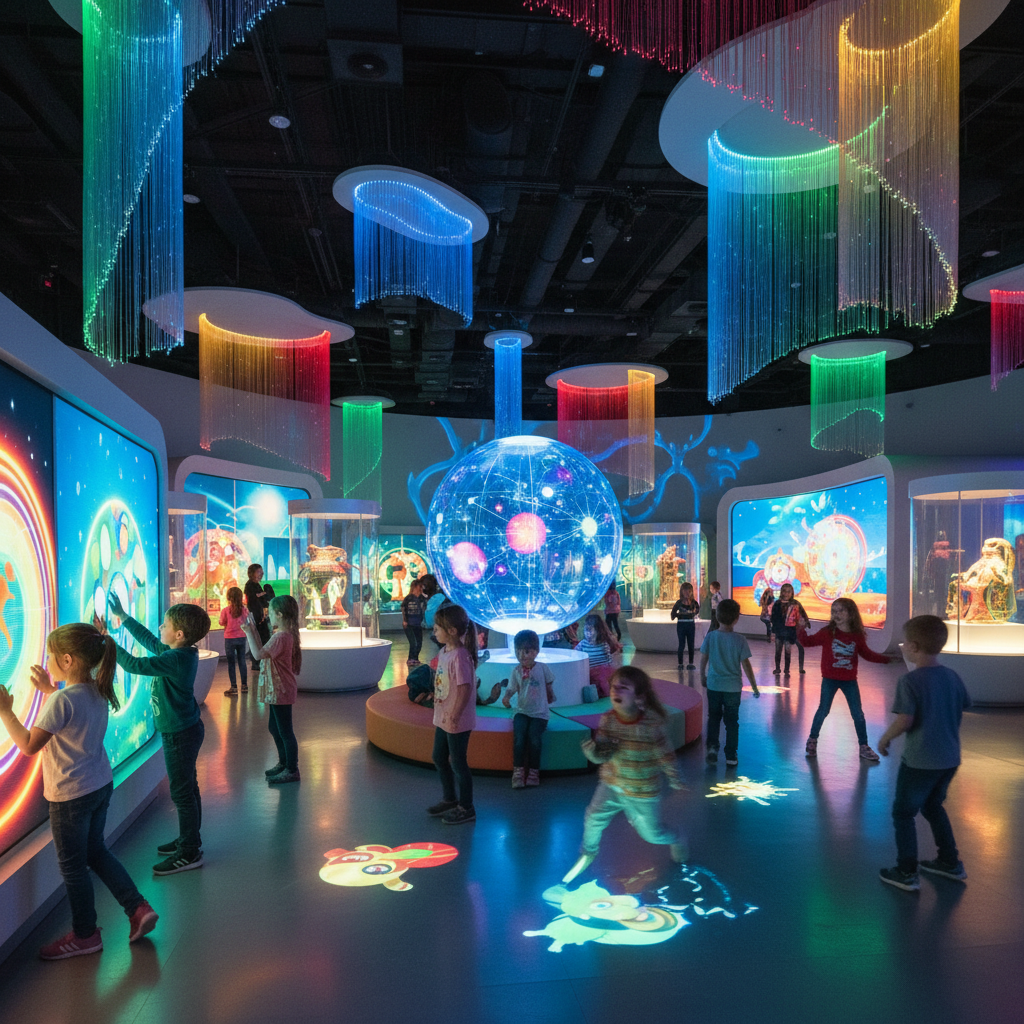 Children playing in a colorful museum exhibit hall with glowing lights