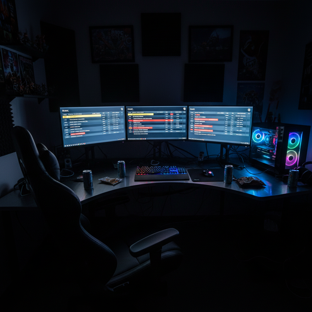Dark gaming room with multiple screens glowing in deep shadows and atmospheric lighting