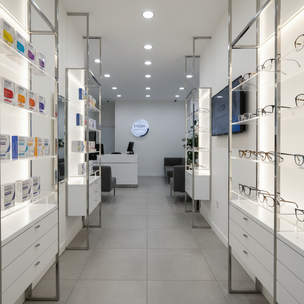 Modern optical shop interior showcasing daily contact lens brands and blue light filtering eyewear