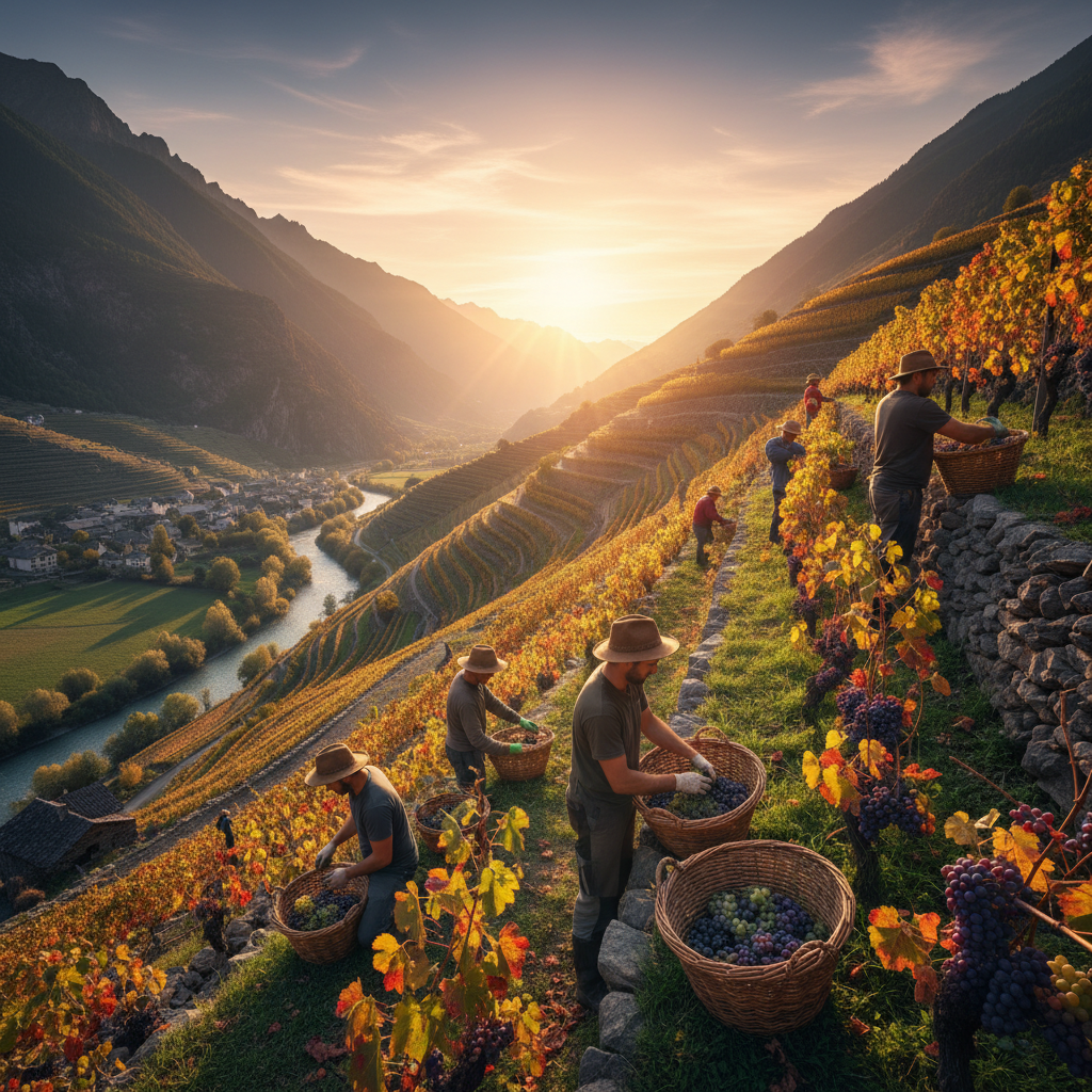 Harvest workers hand-picking grapes on steep terraced alpine vineyard at golden hour