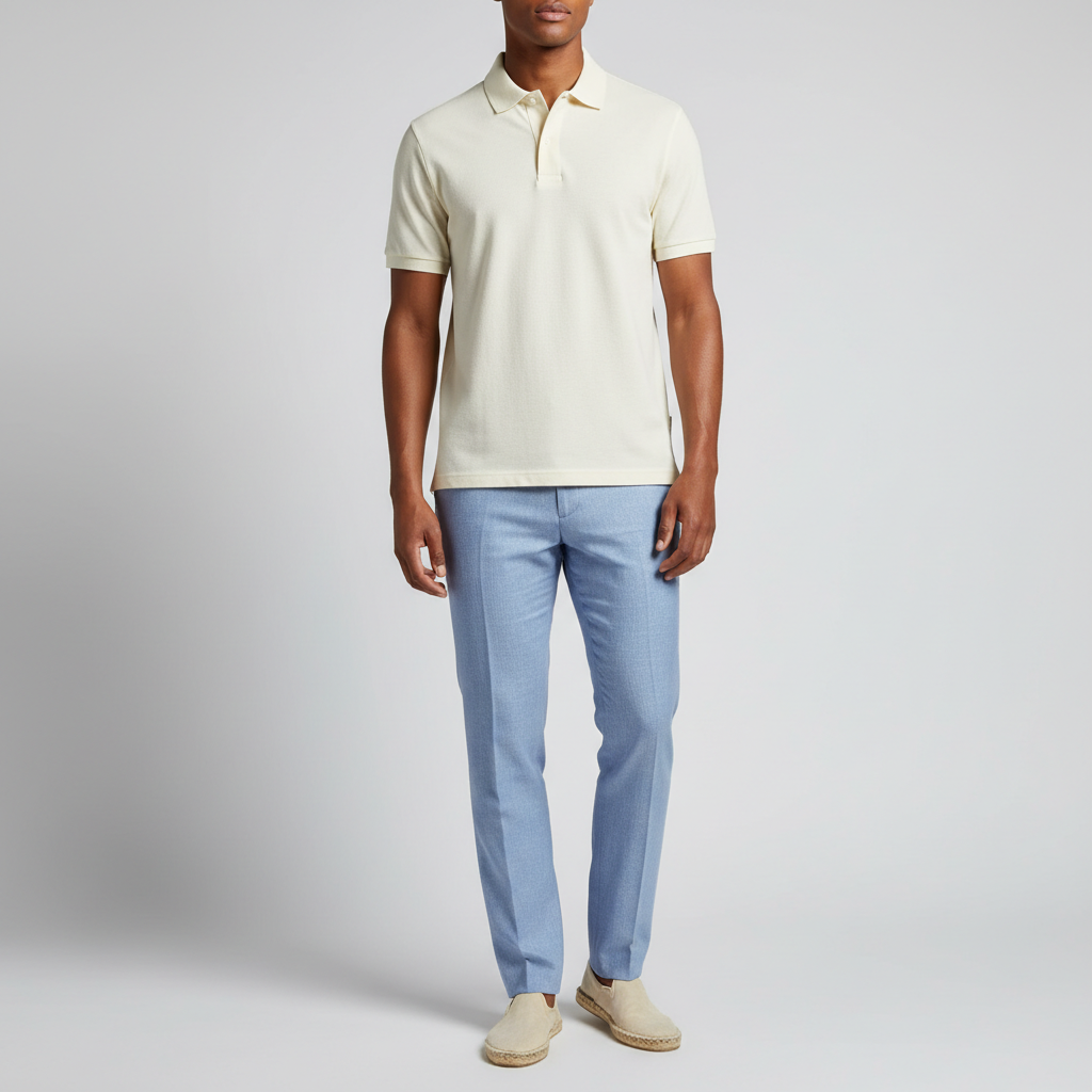 Man in classic polo shirt, clean white studio, modern men fashion editorial