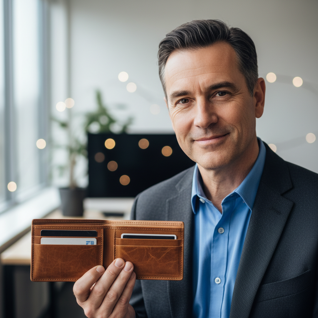 Man with proud smile, wallet photo