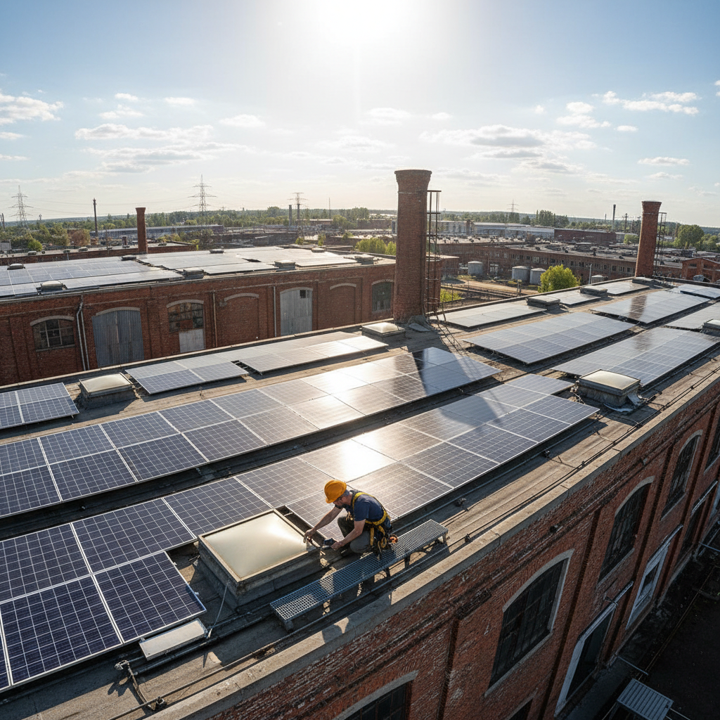 Four solar panels on RCC rooftop, technician inspecting installation, residential colony, clear sky overhead