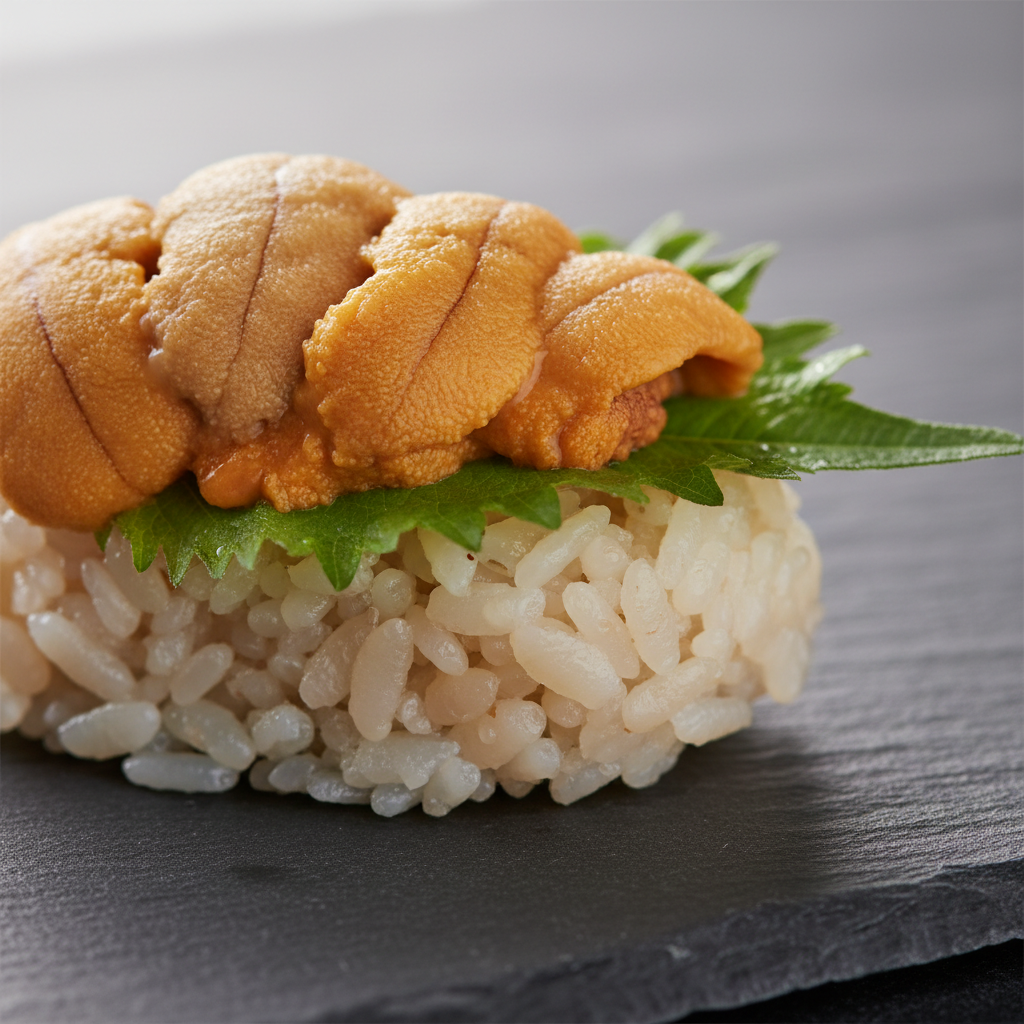 Plated uni on seasoned sushi rice with fresh shiso leaf, styled on dark stone plate