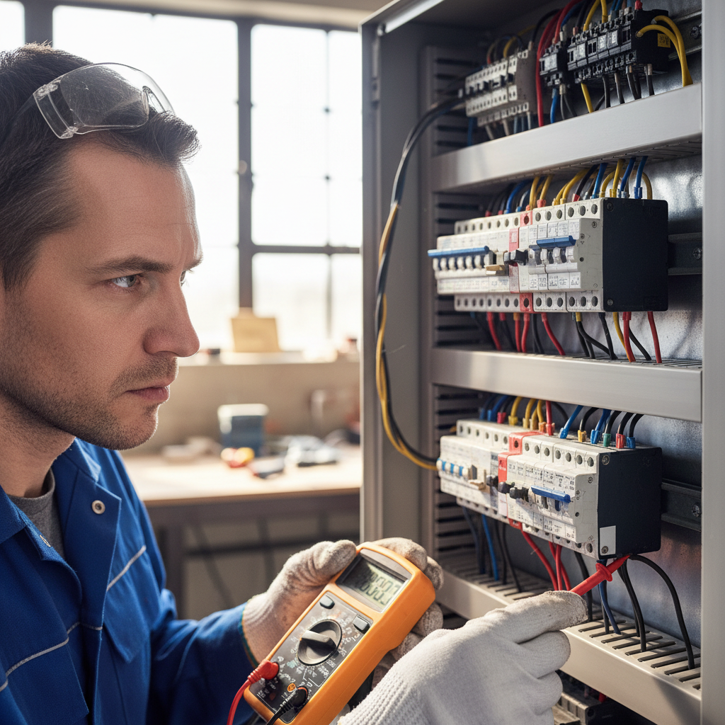Electrician inspecting a switchboard with testing equipment