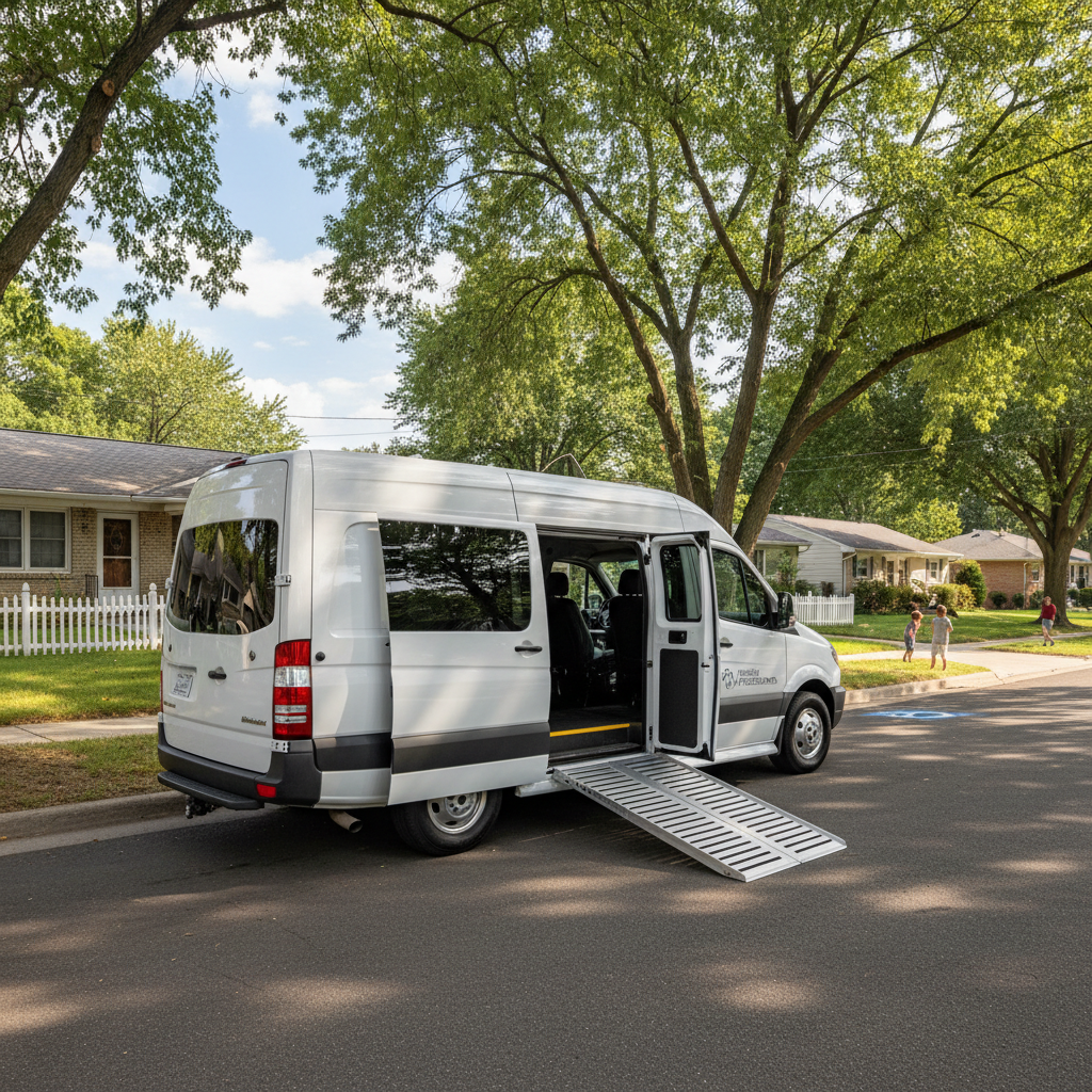 White accessible wheelchair van with side entry ramp deployed on residential street