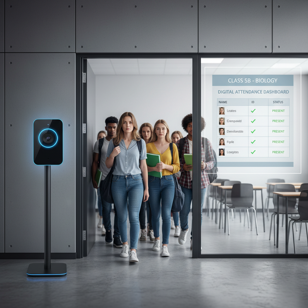 Face recognition attendance system interface showing student detection on laptop screen