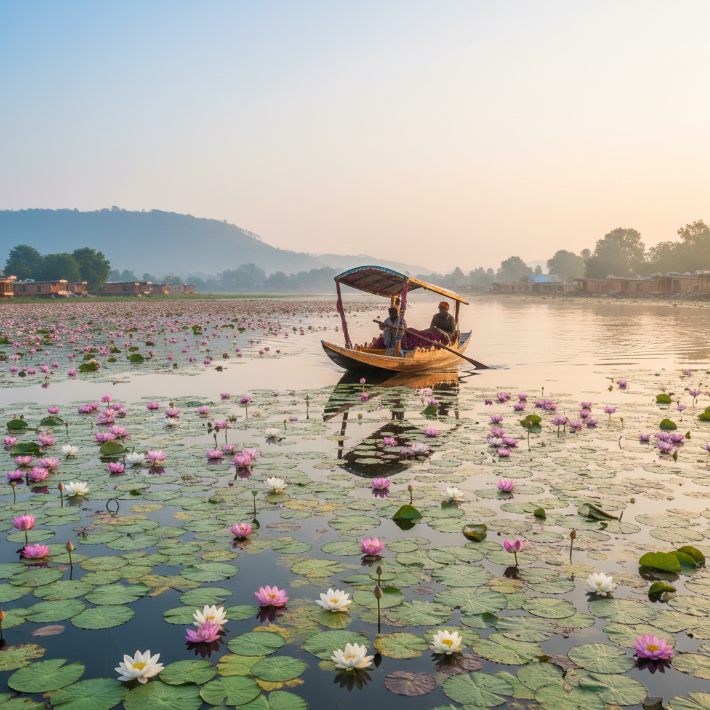 Dal Lake Srinagar with shikara boats, Mughal gardens visible on shore, misty morning with golden light on water