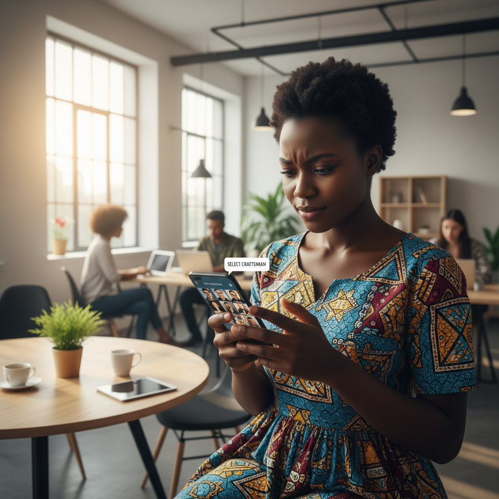 Young African woman using smartphone outdoors in Nairobi, casual professional attire