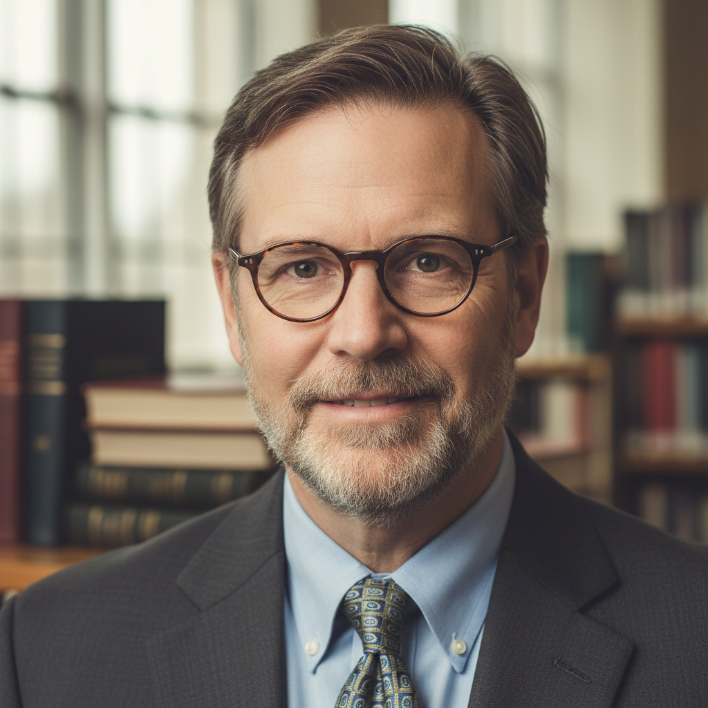 Portrait of a male professor in formal attire with bookshelves in background, warm neutral lighting