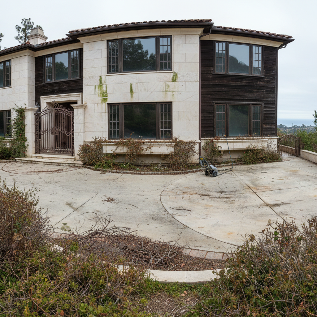 Large Pacific Palisades home before pre-sale cleaning, 11 years of wear visible on marble and surfaces