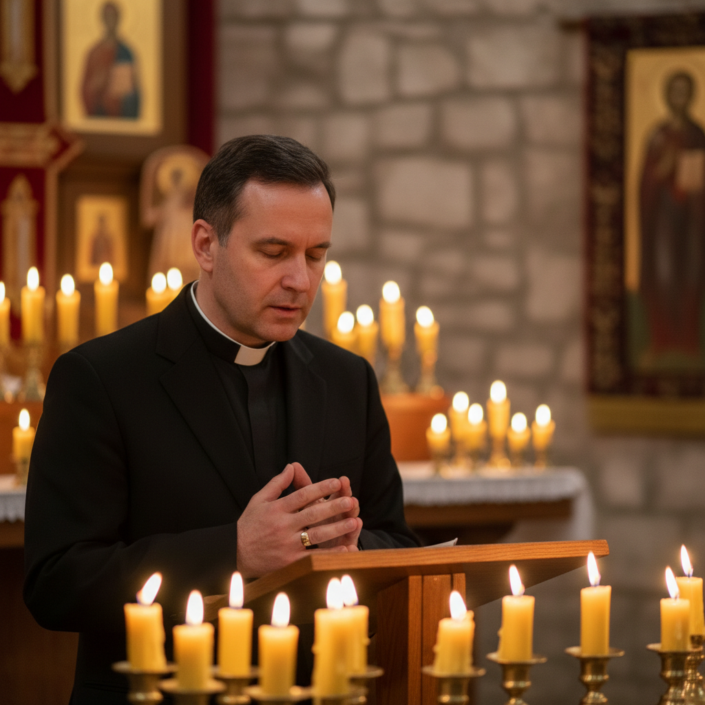 Catholic priest giving a conference talk, warm candlelight, serious and prayerful expression