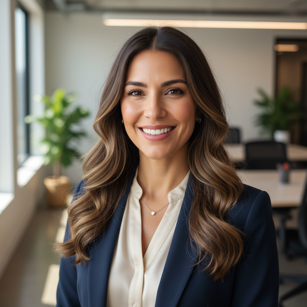 Hispanic woman with wavy brown hair in professional attire with warm smile