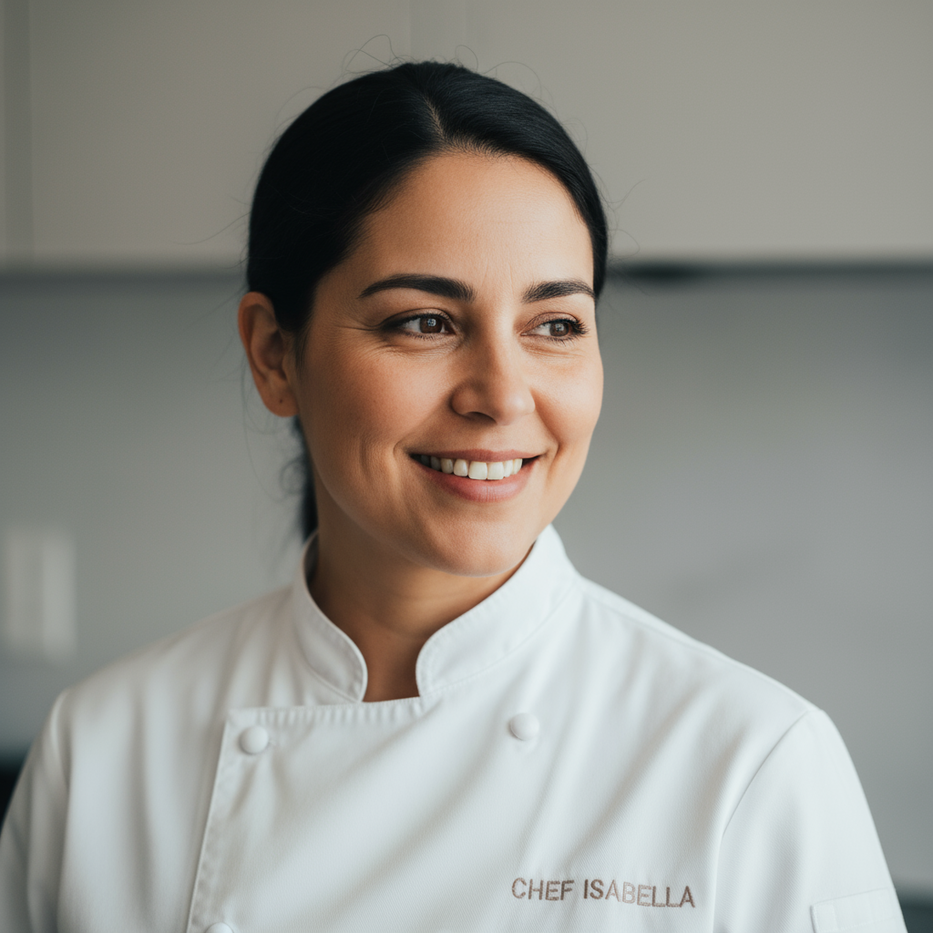 Professional headshot of Isabelle Fontaine, female chef, warm studio lighting