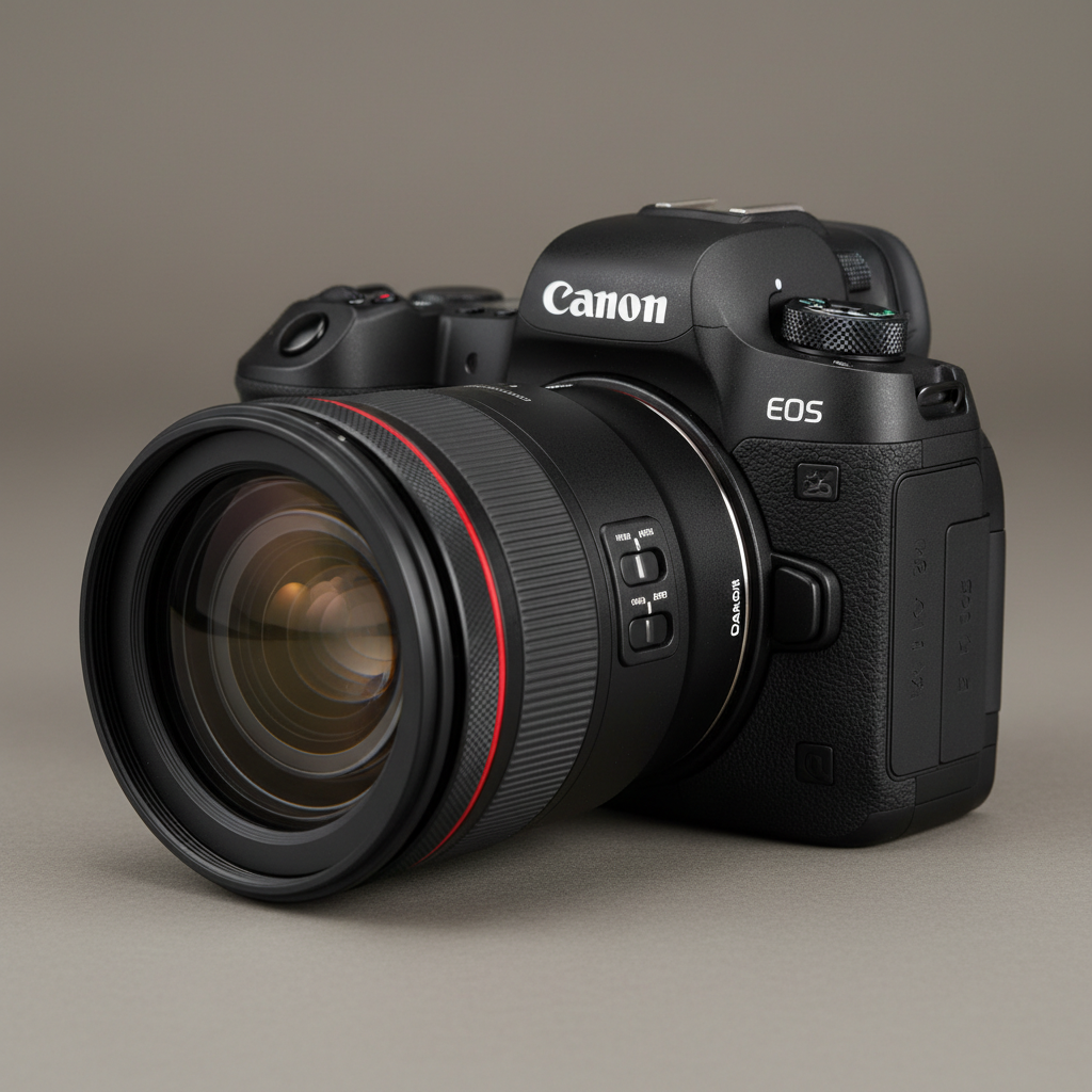 Black Canon mirrorless camera with lens