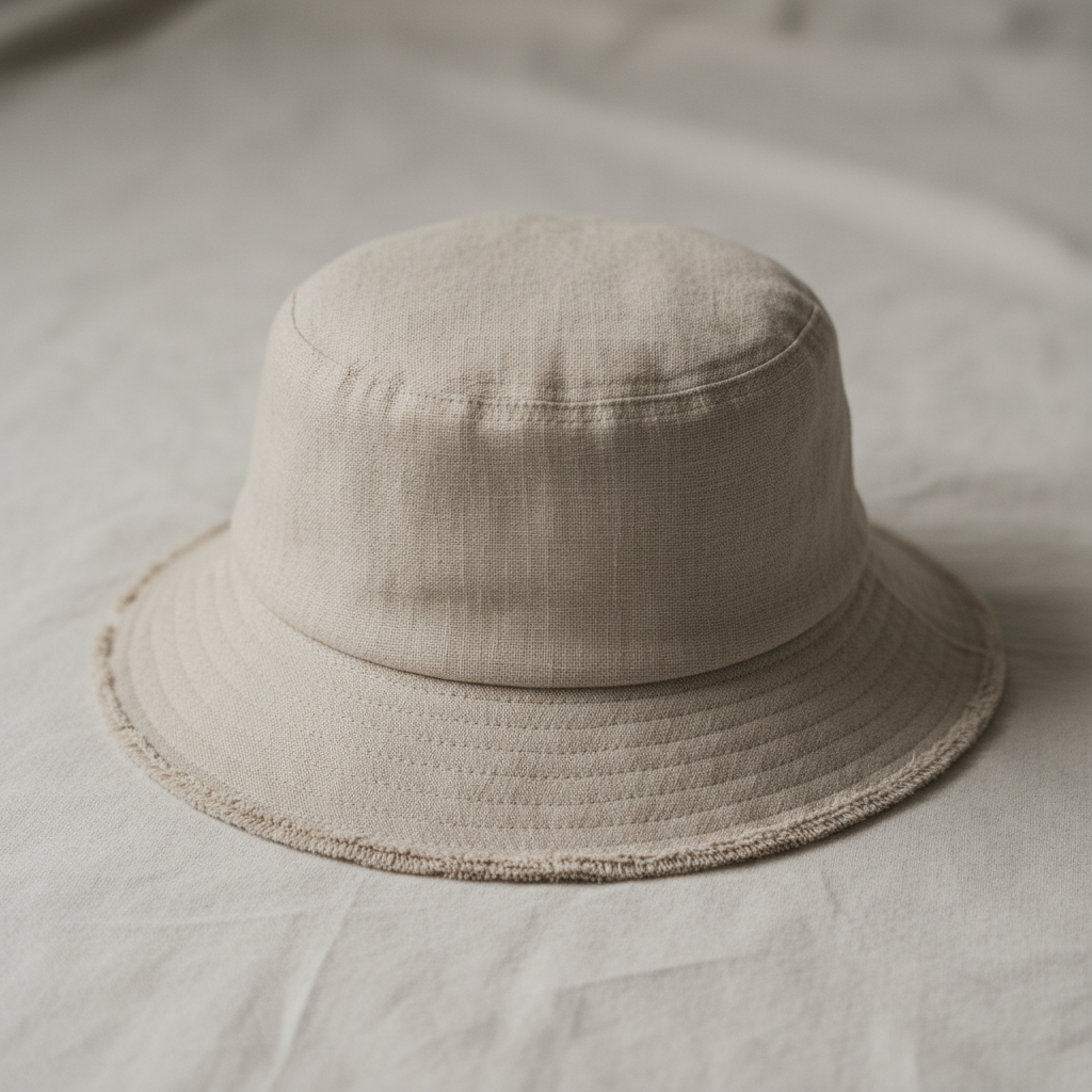 Natural off-white unbleached cotton cap, minimal brim, raw texture visible, soft natural light