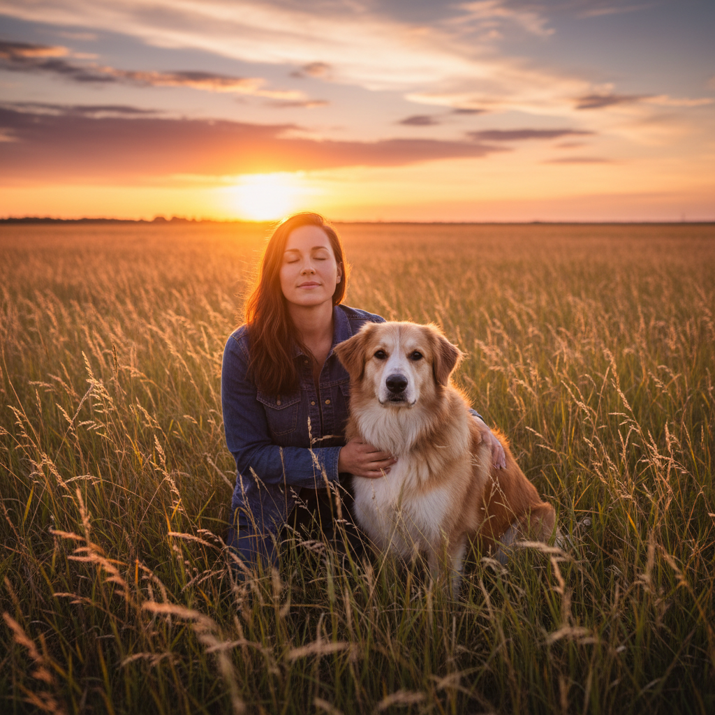 Woman kneeling in tall golden grass at magic hour, eyes closed, hand resting on chest of a large mixed-breed dog who looks directly into camera with a still, knowing expression