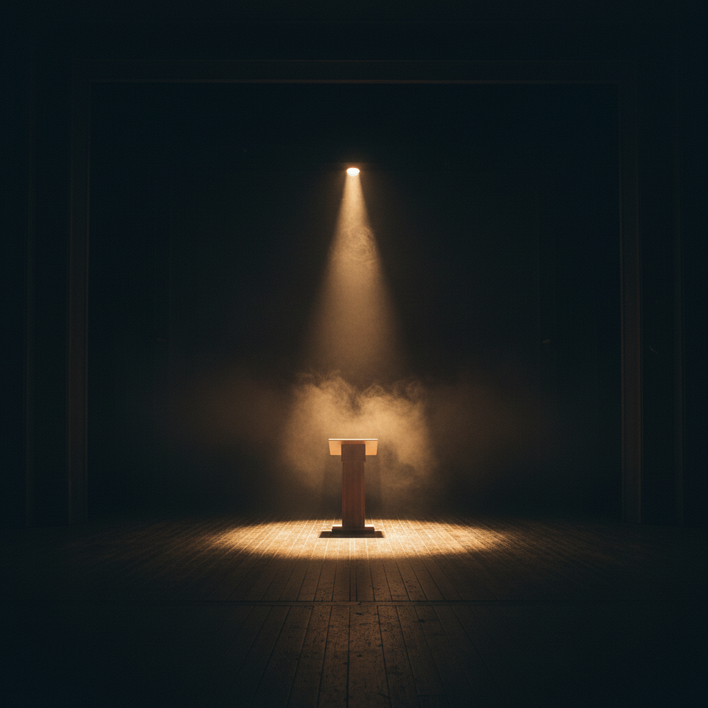 Dramatic stage spotlight on empty podium, dark auditorium, single beam of warm golden light, atmospheric haze, deep shadows on either side