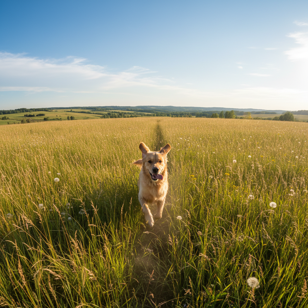Clementine the young golden retriever running through a field of tall grass
