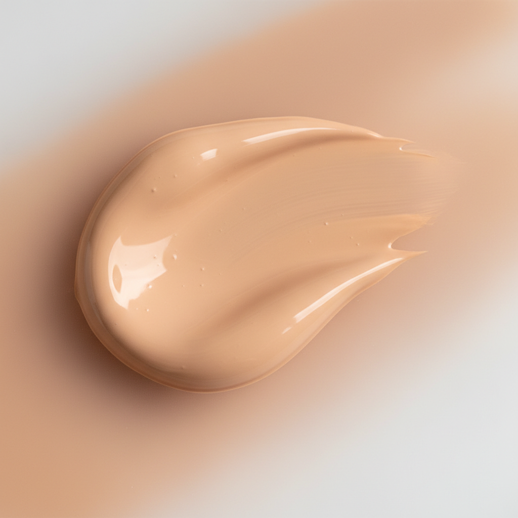 Foundation texture swatch on skin, smooth application, warm natural lighting