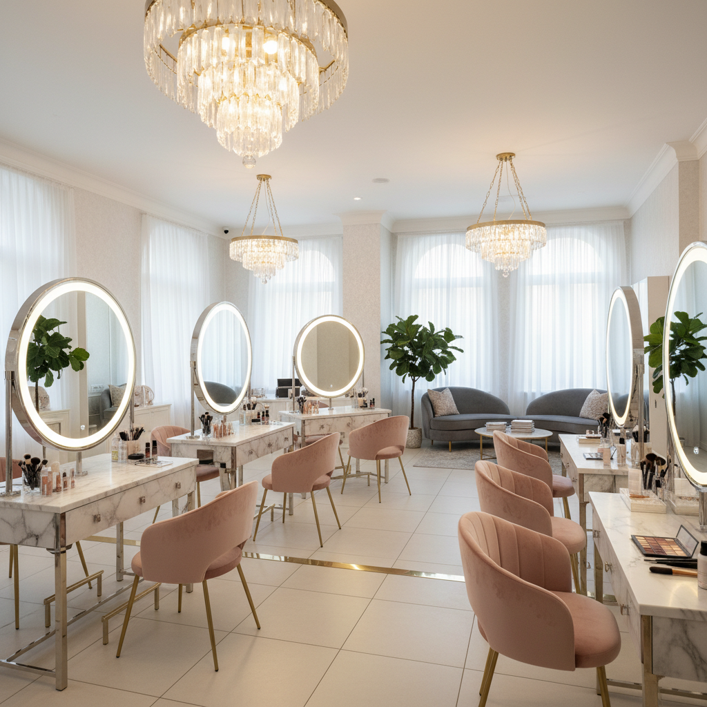 Elegant beauty salon interior with modern styling stations and sophisticated lighting
