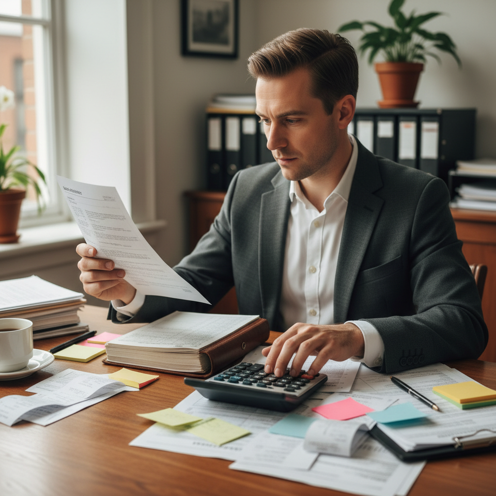 Accountant working at desk with financial documents and calculator