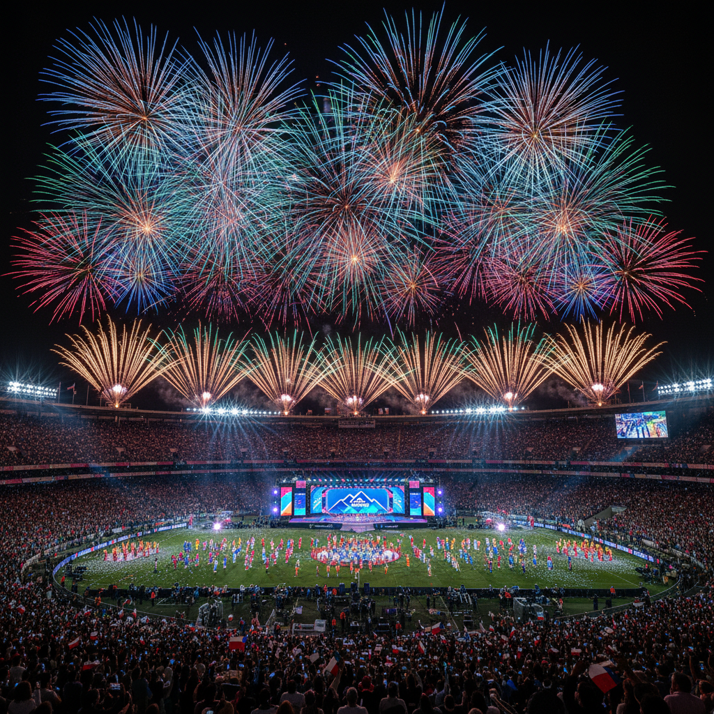 Ceremonia de apertura de los Juegos Panamericanos Santiago 2023 con fuegos artificiales y multitud en el Estadio Nacional