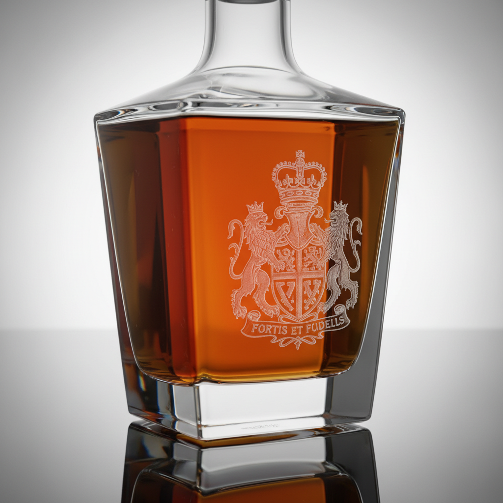 Lead-free crystal decanter with family crest wheel-engraved on side, amber scotch visible inside