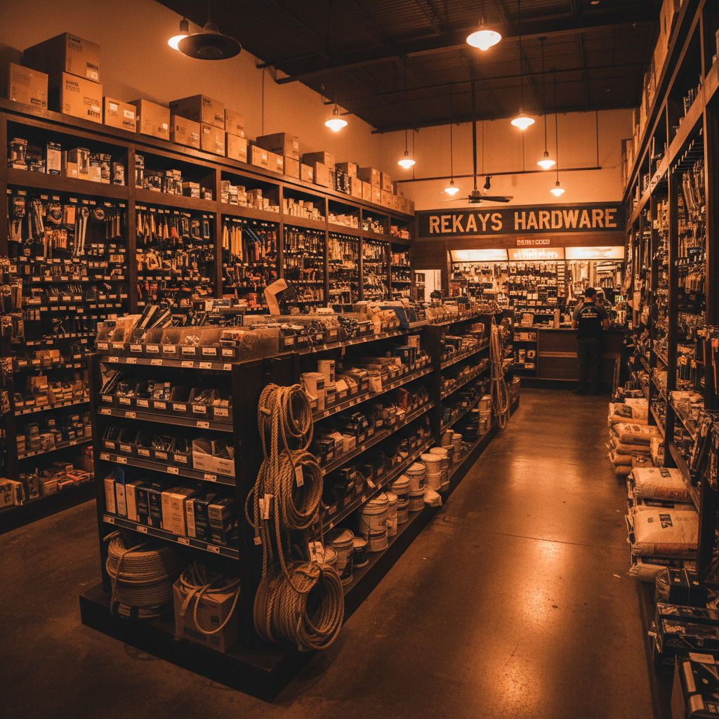 Hardware store interior with well-stocked shelves, warm tungsten lighting, dark wooden shelving, knowledgeable staff member