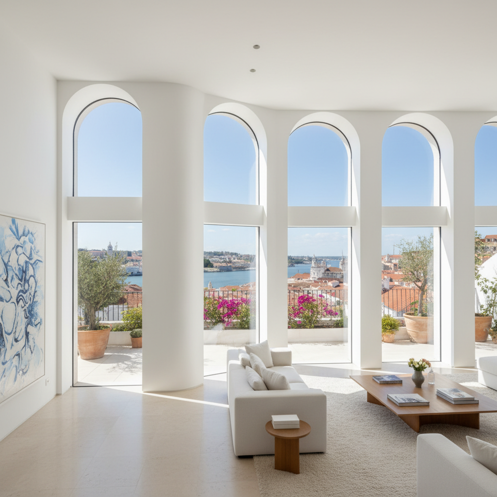 Lisbon penthouse interior with white walls, arched windows, and rooftop terrace overlooking Tagus river and historic city