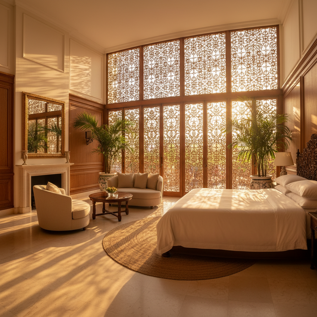 Sunrise Suite interior with floor-to-ceiling carved lattice windows letting in golden morning light