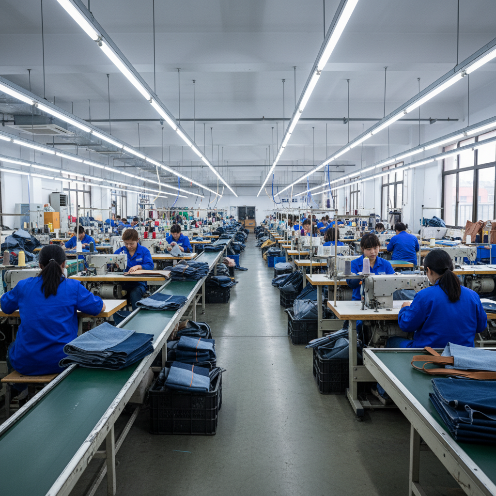 Denim production facility in Delhi with workers cutting and sewing denim jeans and jackets