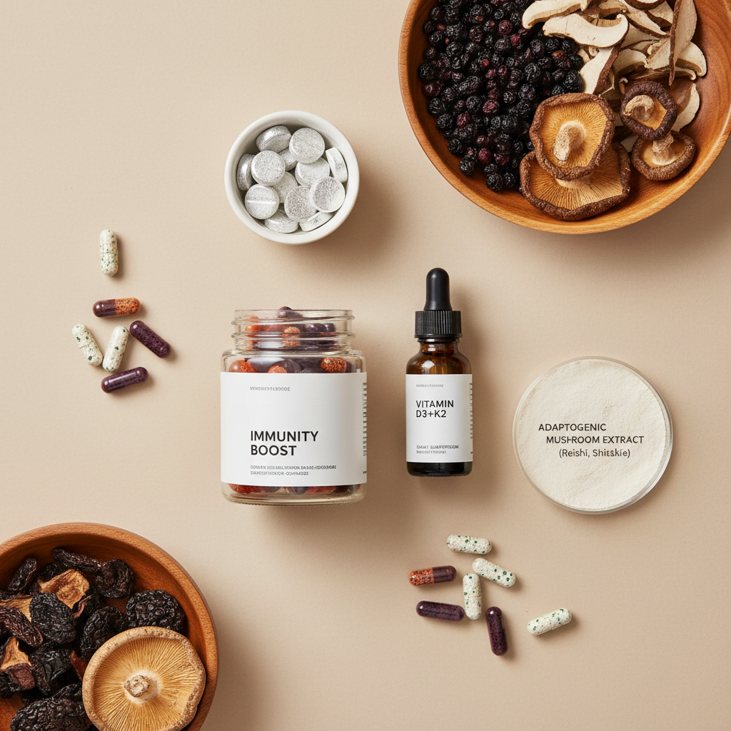 Protect immune supplement with clean clinical-warm styling evoking resilience and health