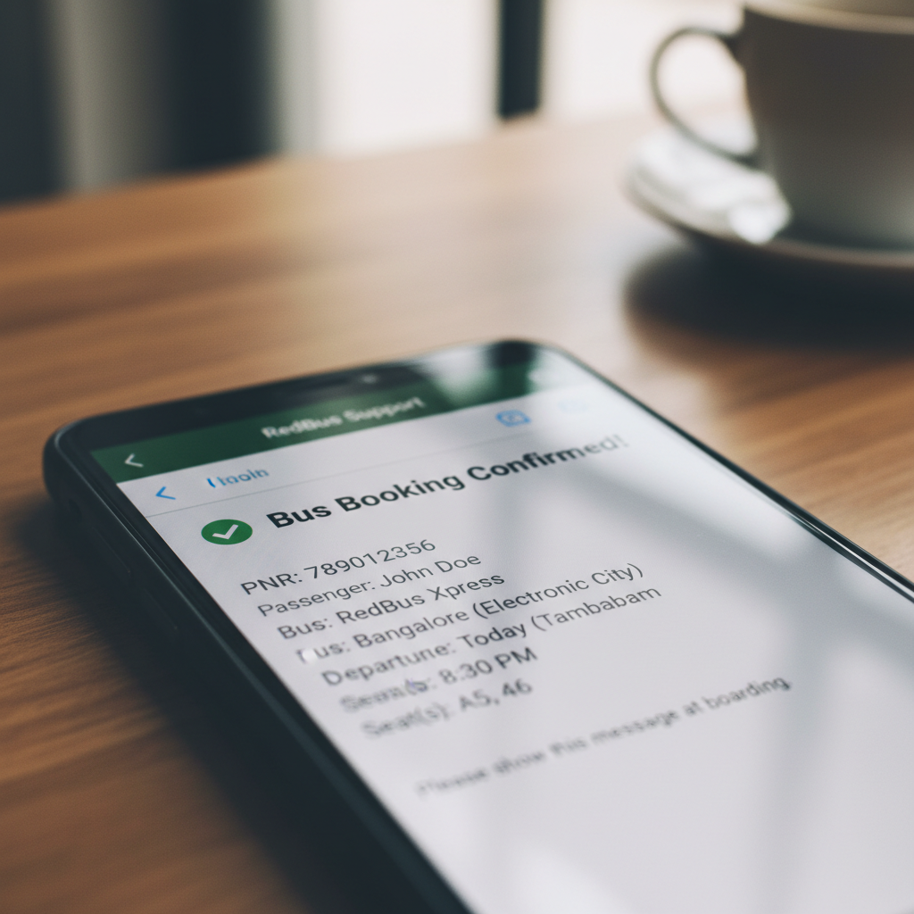 Mobile phone showing SMS booking confirmation with arrival time and technician details