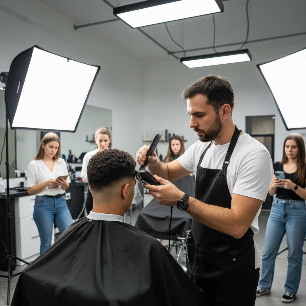 Sharp low fade haircut on a male client, barbershop interior, dim atmospheric lighting