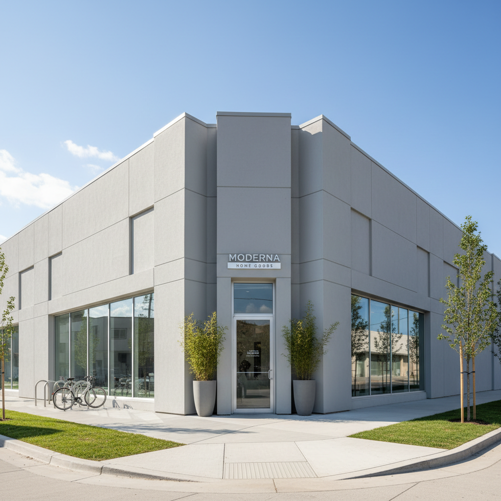 Commercial storefront with smooth-coat stucco facade, clean geometric lines and uniform finish on a mixed-use building in an urban setting