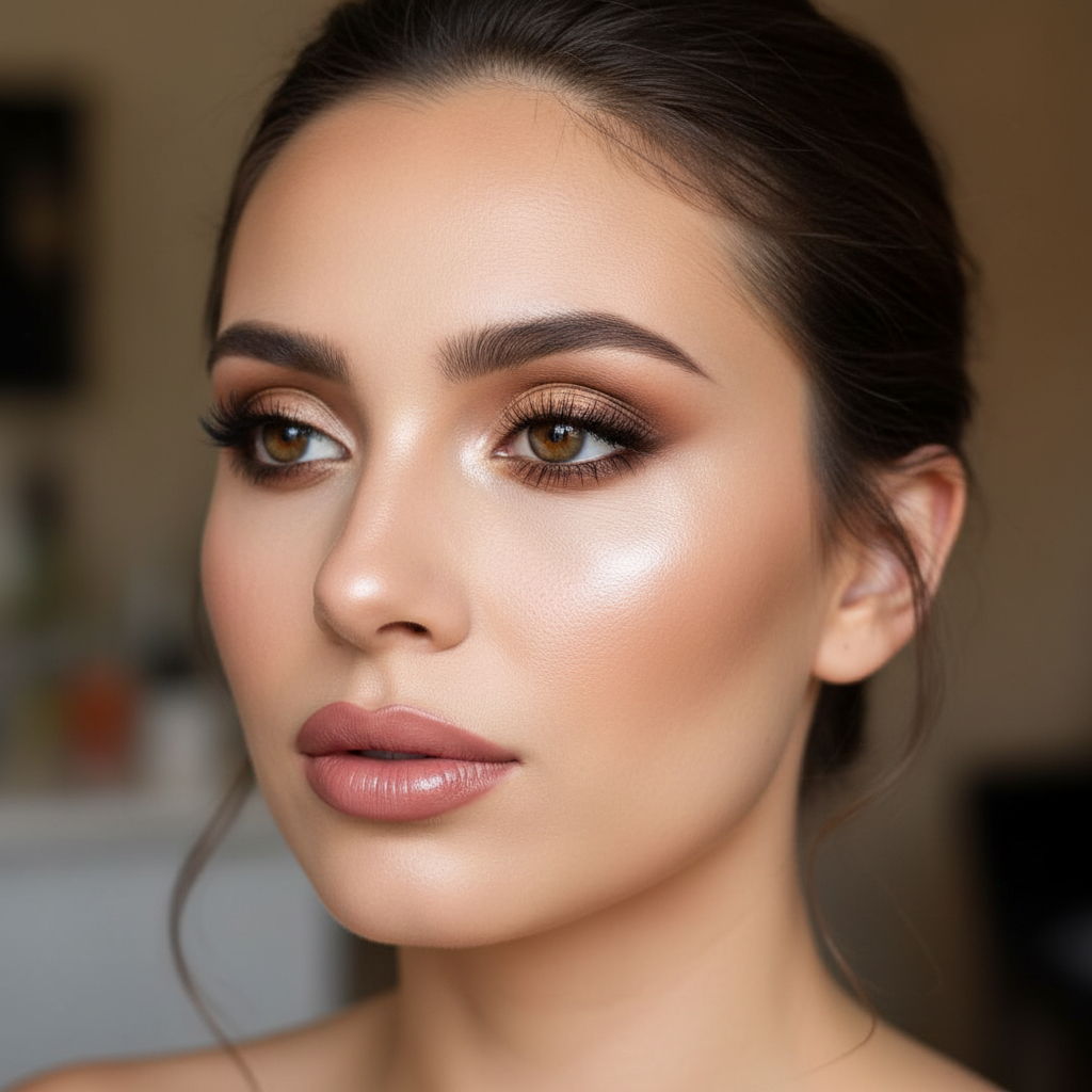Makeup artist applying eyeshadow with a fine brush to a woman with flawless skin, surrounded by luxury cosmetic products